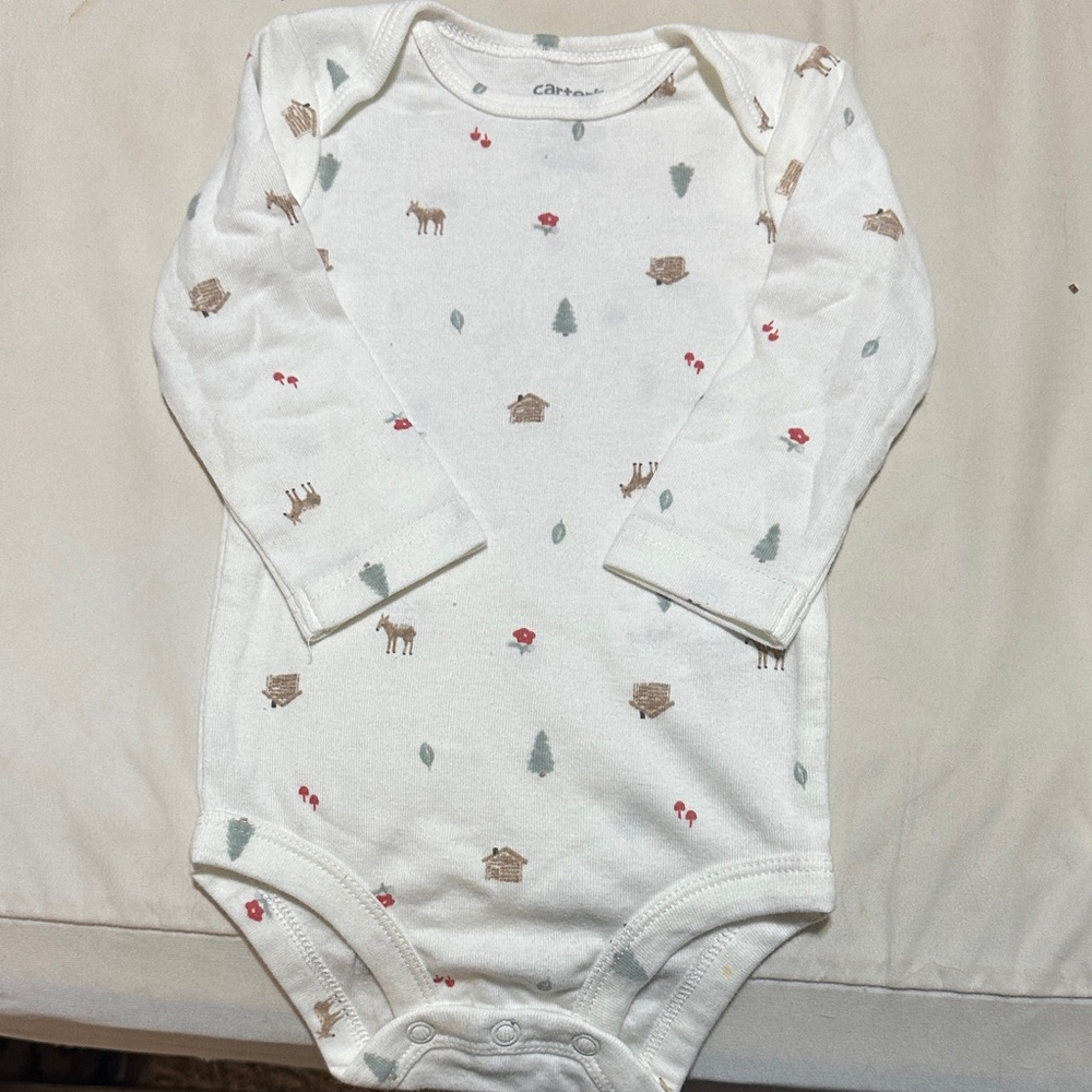 Carter's White Long-Sleeve Woodland Print One-Piece with Red and Brown Accents